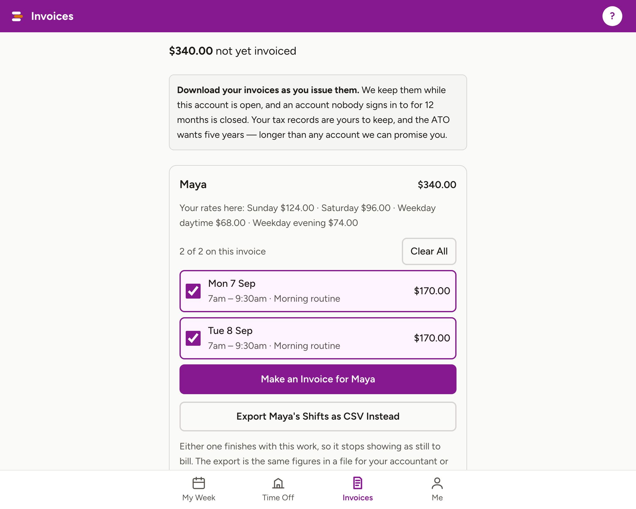 The Invoices screen: worked shifts ticked, ready to invoice.