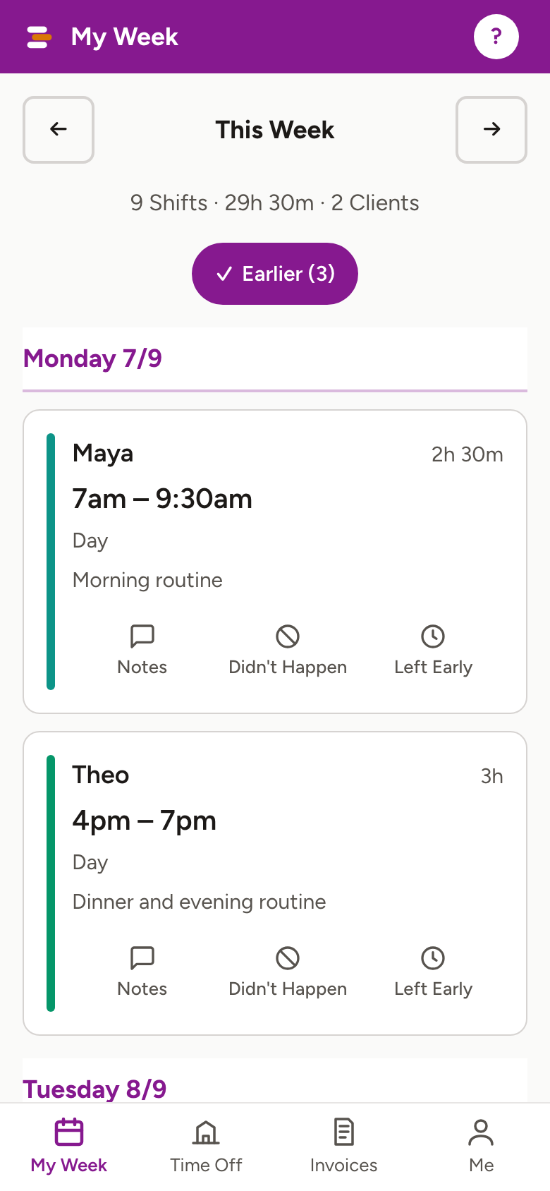 A support worker's My Week on a phone: shifts for two different clients, merged into one list under one weekly total.