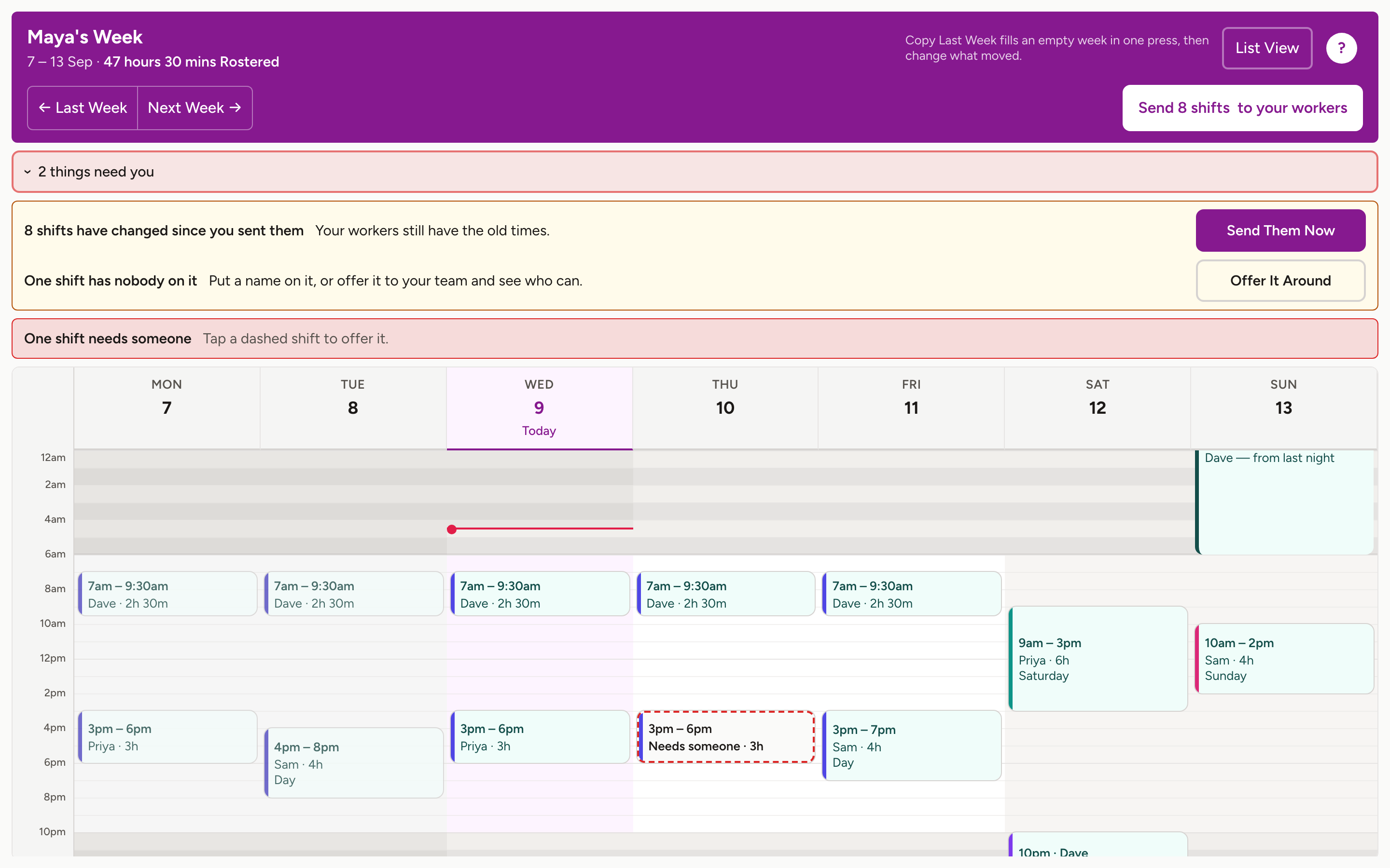 A week on Shiftaroo: seven days across the screen, shifts for three support workers colour-coded by when they run, a sleepover crossing midnight, and today marked with a line at the current time.
