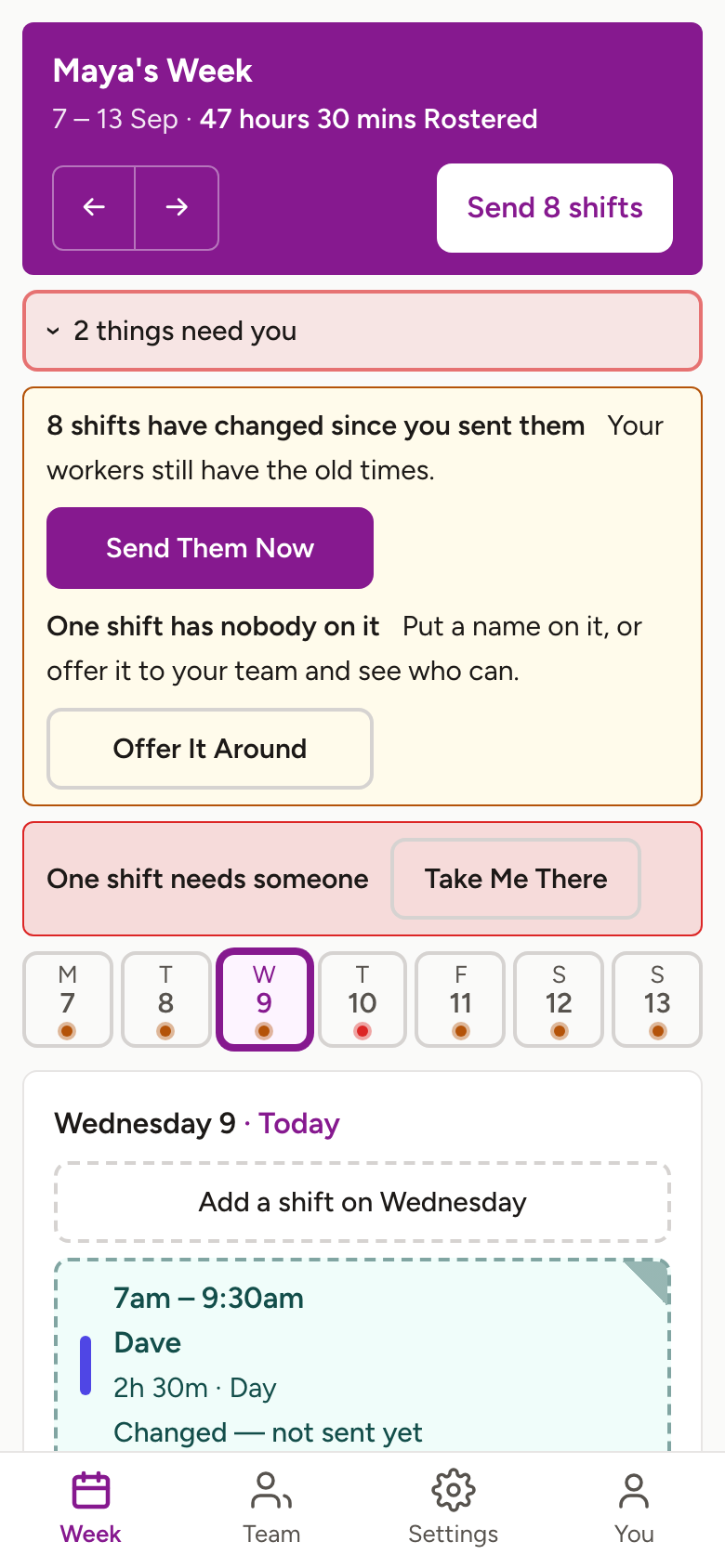 The same roster on a phone: one day at a time, with the shifts large enough to read at 7am.
